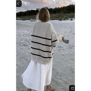 SO Goods For Life Taupey Gray & Black Striped Popover Knit Sweater